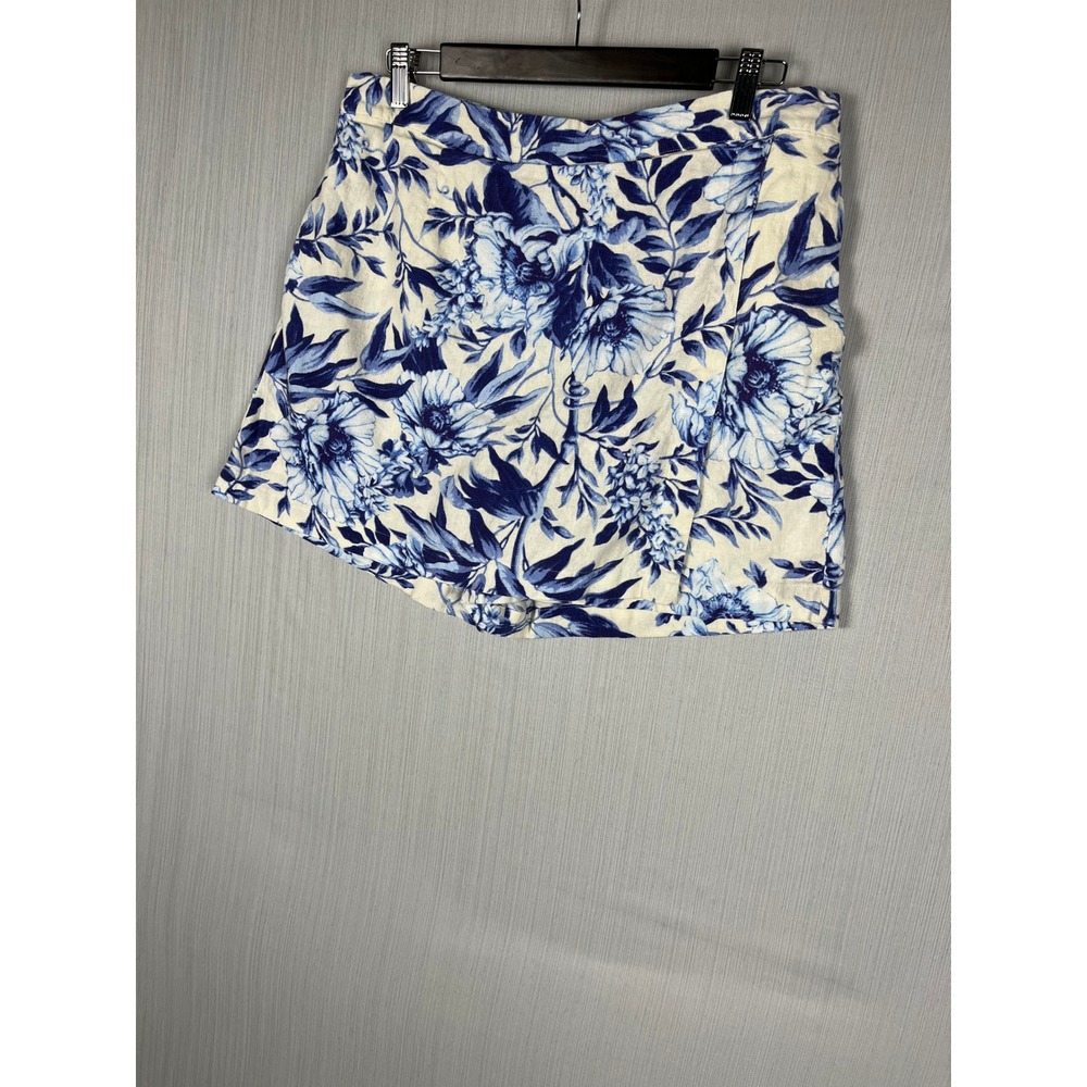 Ellen Tracy Skort Womens Large Blue Cream Floral Linen Blend Resortwear